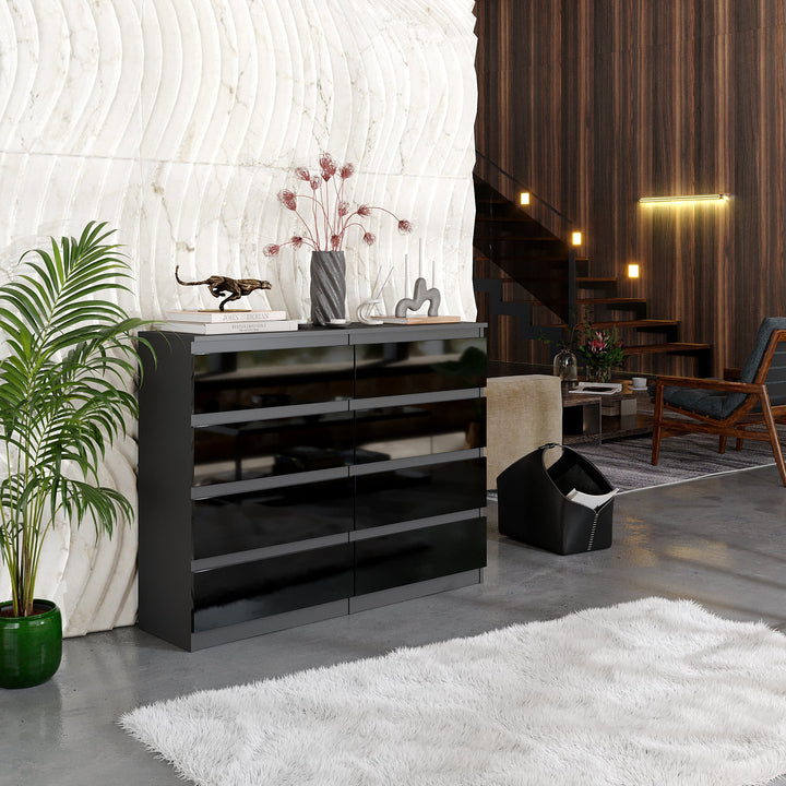 GABRIEL – kommode / sideboard med 8 skuffer – antracit / sort højglans – H92 cm B120 cm D33 cm