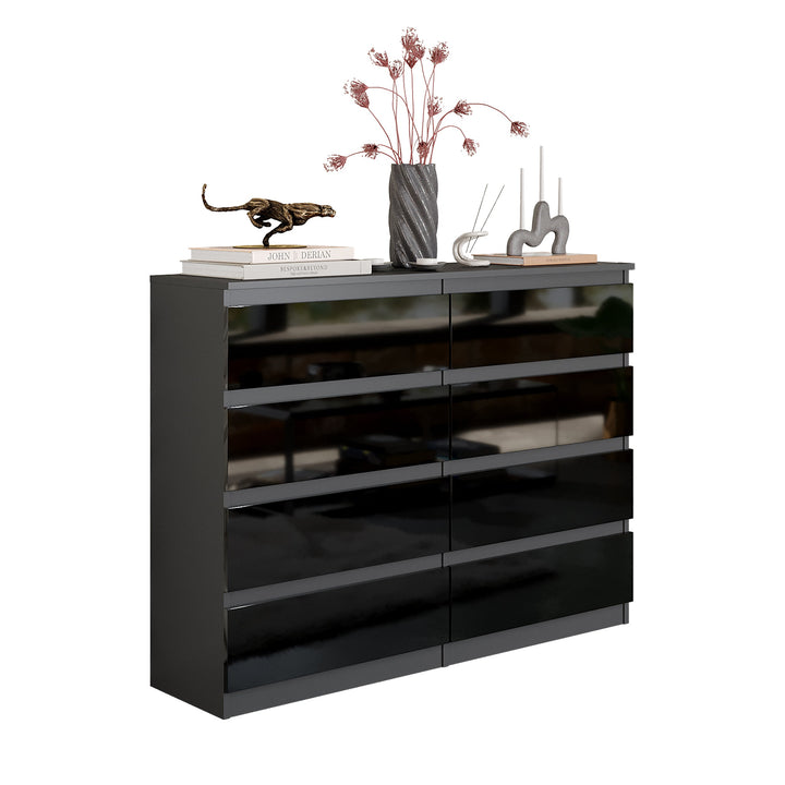 GABRIEL – kommode / sideboard med 8 skuffer – antracit / sort højglans – H92 cm B120 cm D33 cm