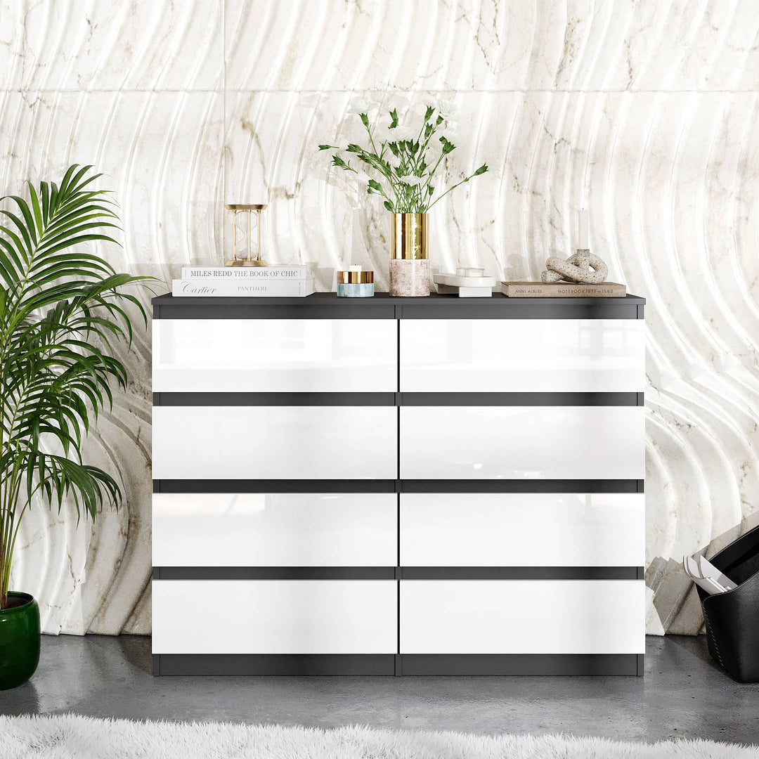 GABRIEL - Kommode / skænk med 8 skuffer - Antracit / Hvid Højglans - H92cm B120cm D33cm