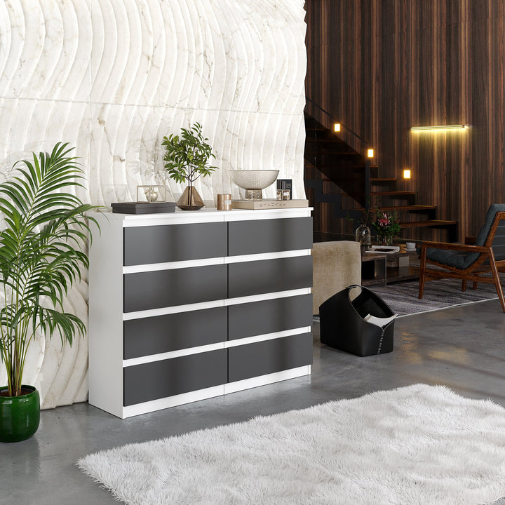 GABRIEL – kommode / sideboard med 8 skuffer – mat hvid / antracit – H92 cm B120 cm D33 cm