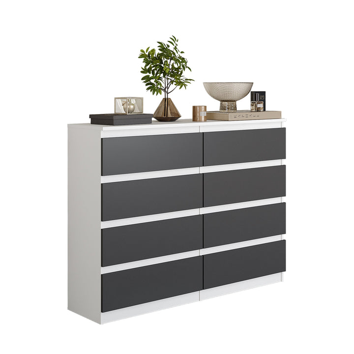 GABRIEL – kommode / sideboard med 8 skuffer – mat hvid / antracit – H92 cm B120 cm D33 cm