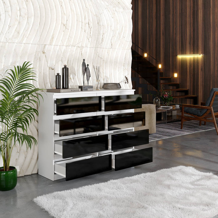 GABRIEL – kommode / sideboard med 8 skuffer – mat hvid / sort højglans – H92 cm B120 cm D33 cm