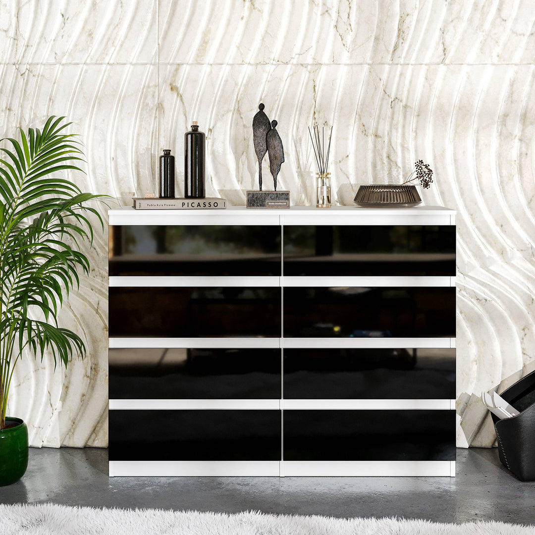 GABRIEL – kommode / sideboard med 8 skuffer – mat hvid / sort højglans – H92 cm B120 cm D33 cm