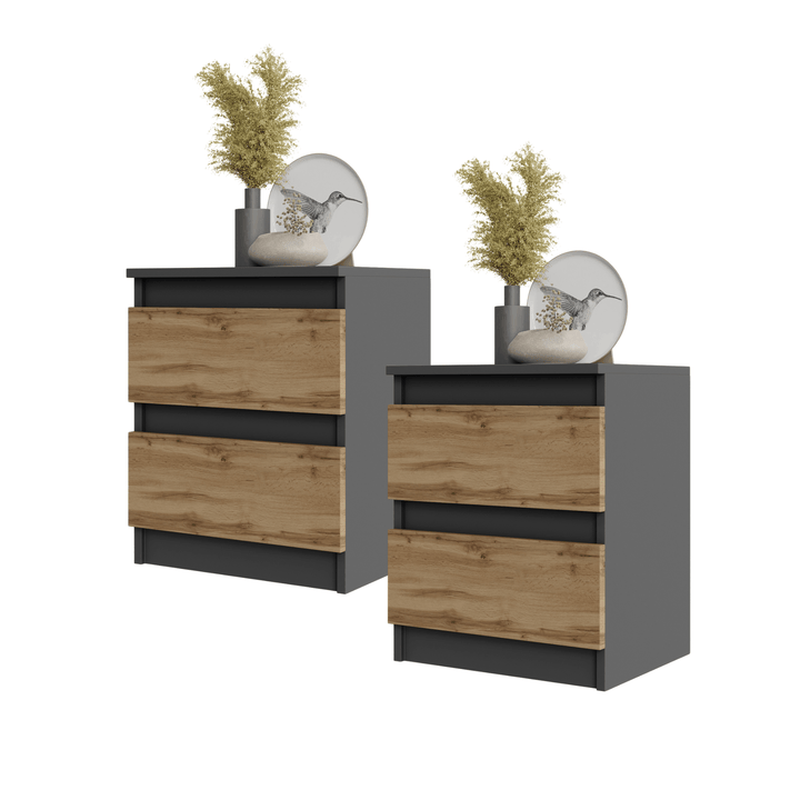 2 stk. GABRIEL BIG – natbord / sengebord med 2 skuffer – antracitgrå / Wotan eg – H50 cm B41 cm D33 cm