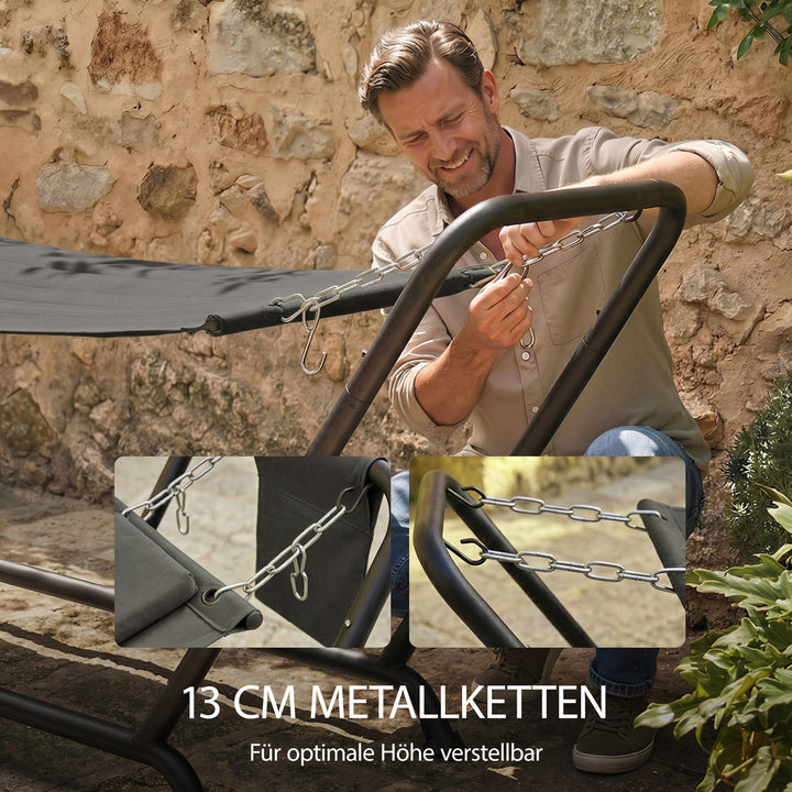 Hængekøje med stativ 237 x 90 cm, hængekøje med sprederbøjle og sidelomme, nakkestøtte, metalramme, op til 150 kg