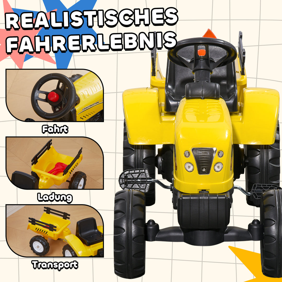 Pedaltraktor med anhænger, værktøj, horn, til børn fra 3 år, metalramme, sort-gul, 133 x 42 x 51 cm