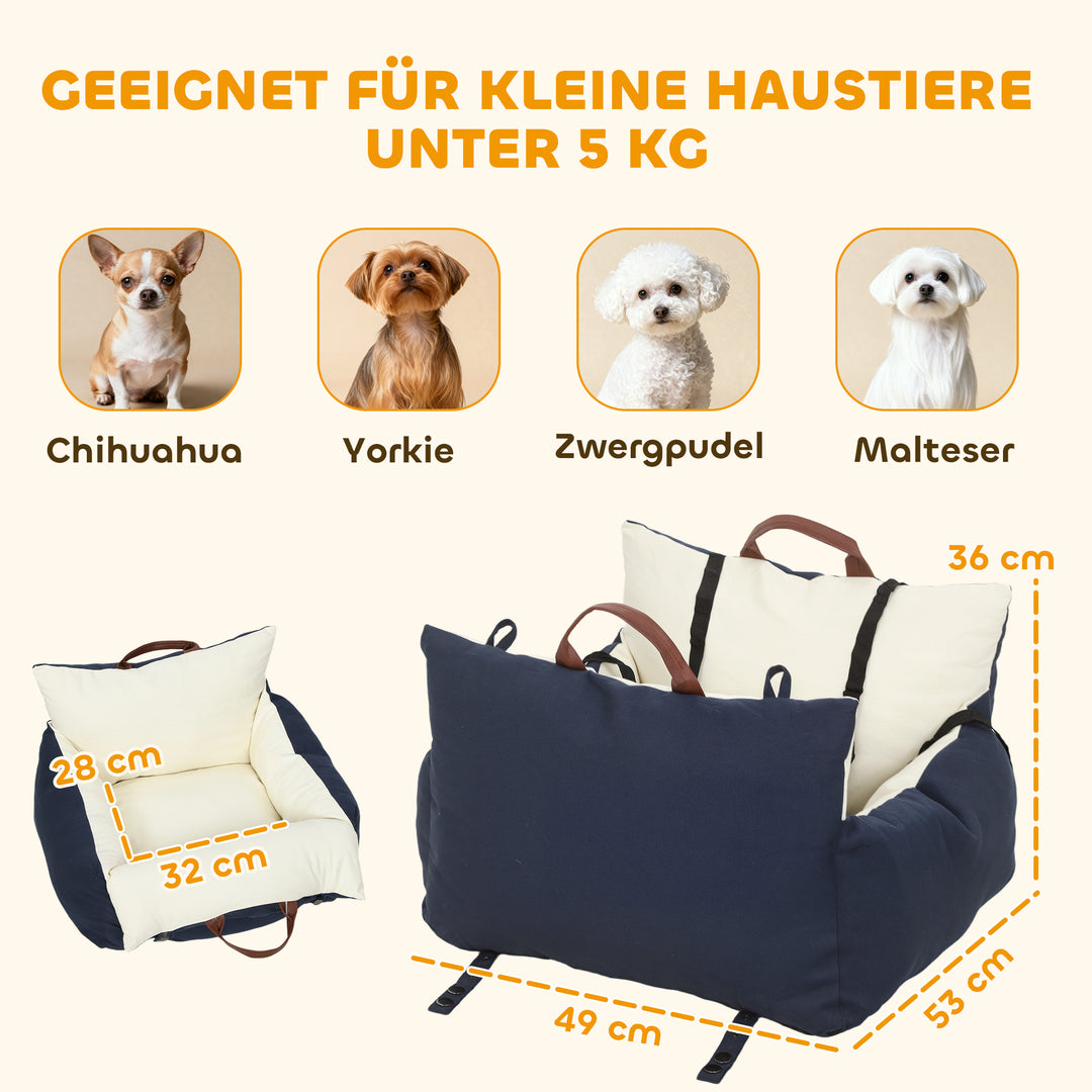 Hundesæde til bil, 2 stropper, vaskbare betræk, til kæledyr under 5 kg, blå