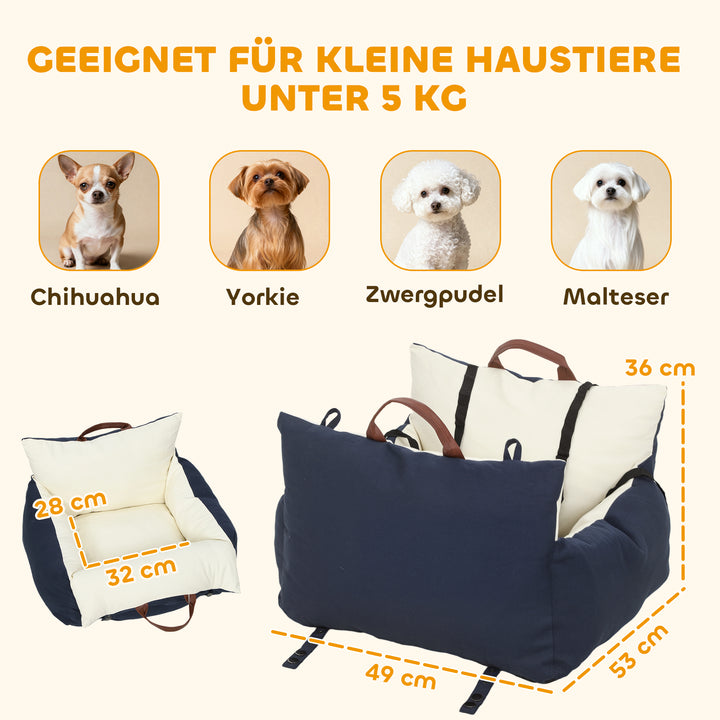 Hundesæde til bil, 2 stropper, vaskbare betræk, til kæledyr under 5 kg, blå