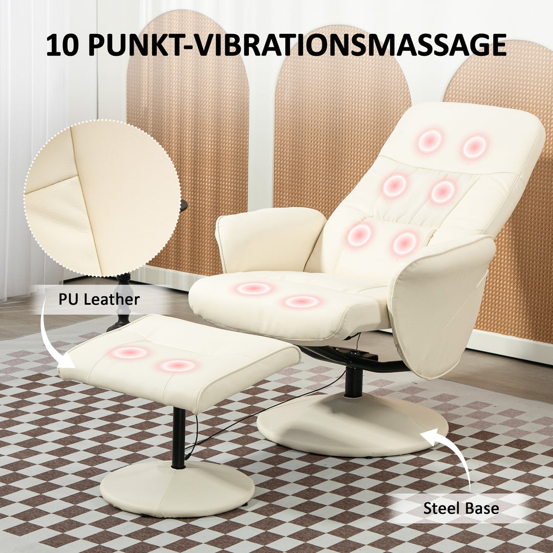 Massagestol med fodskammel, ergonomisk stol med 10 vibrationspunkter, kunstlæder, 76 x 81 x 105 cm, cremehvid