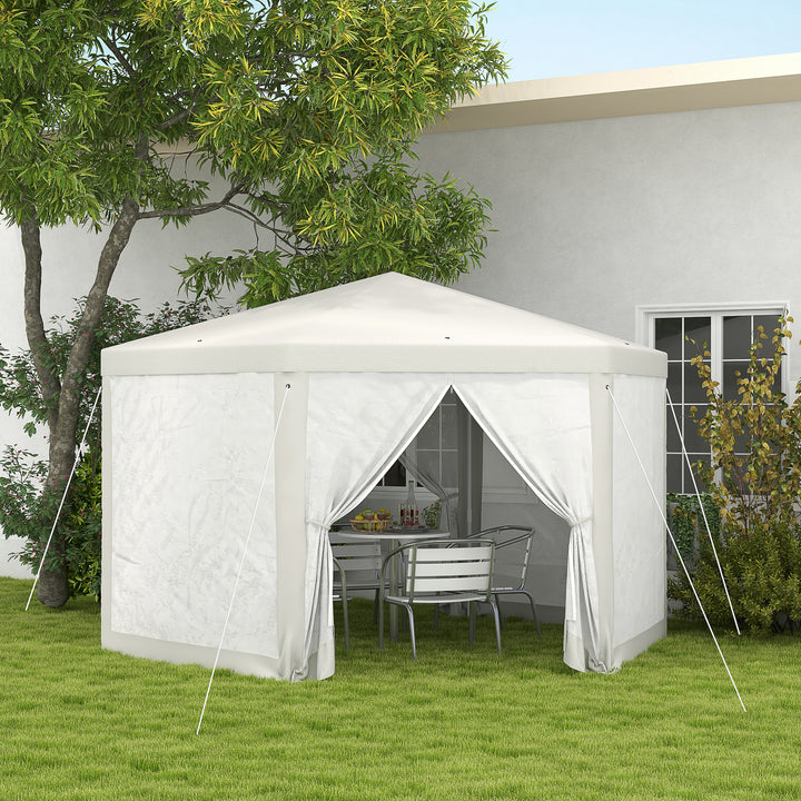 Havepavillon, sekskantet, netgardiner, metalramme, 3,94 x 3,412 x 2,5 m, cremefarvet