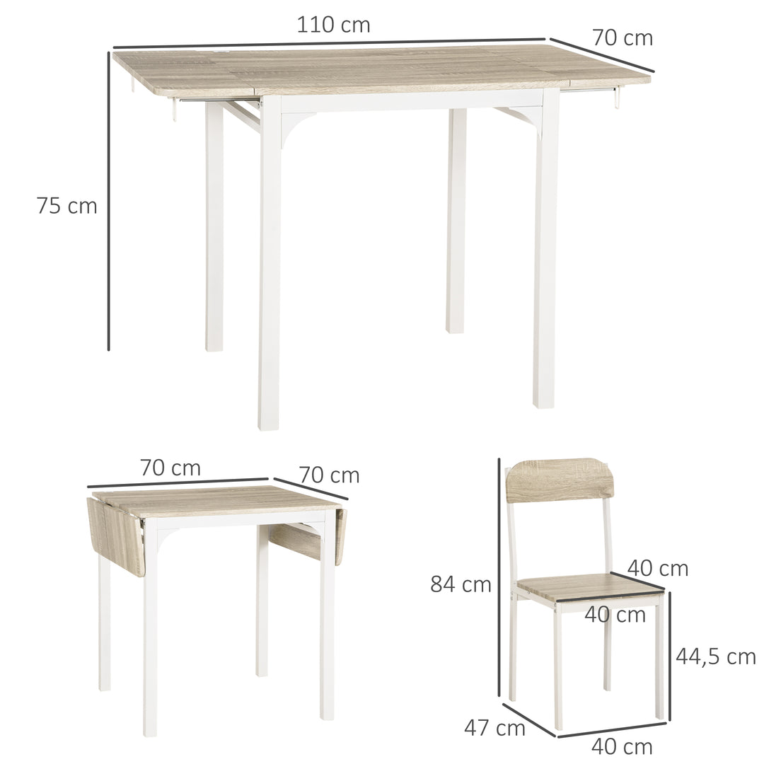 2-delt siddesæt, foldbart spisebord med 2 stole, klapbord, 110 cm x 70 cm x 75 cm, hvid + natur