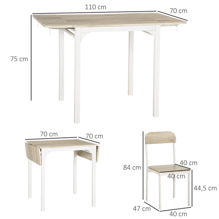 2-delt siddesæt, foldbart spisebord med 2 stole, klapbord, 110 cm x 70 cm x 75 cm, hvid + natur