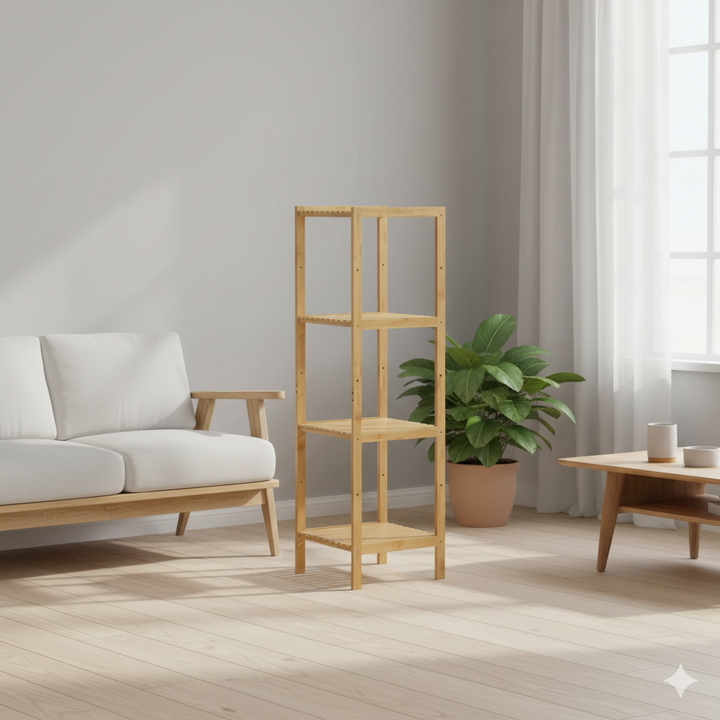 Reol i bambus, 4 hylder,  110x33x33cm, naturfarvet