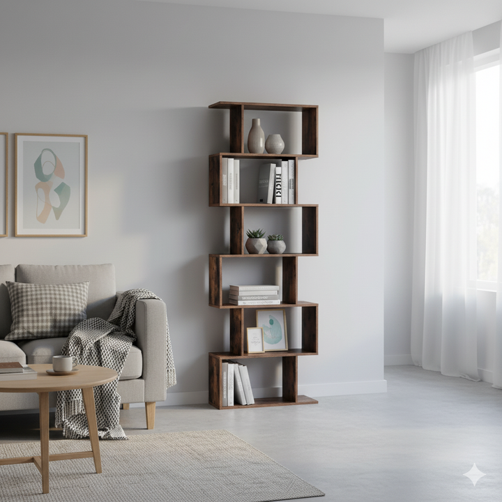 Fritstående og dekorativ bogreol med forskudte rum