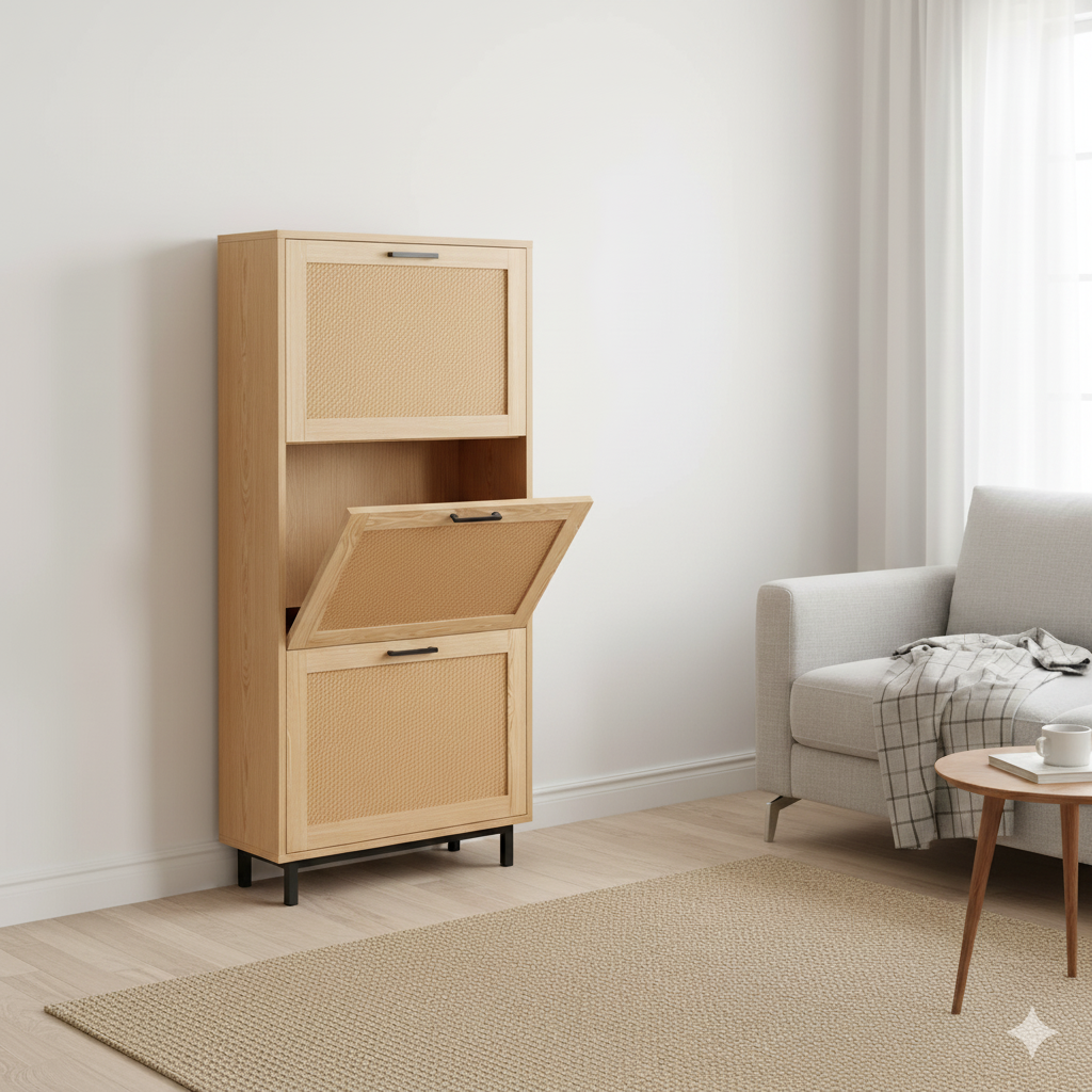 Stilfuldt og slank skoskab med rattan-detaljer, 60x24x127 cm, naturfarvet