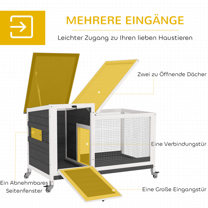 Kaninbur i træ med fritgående indhegning, hjul, foldetag, til indendørs og udendørs brug, 92 x 52 x 67 cm, mørkegrå