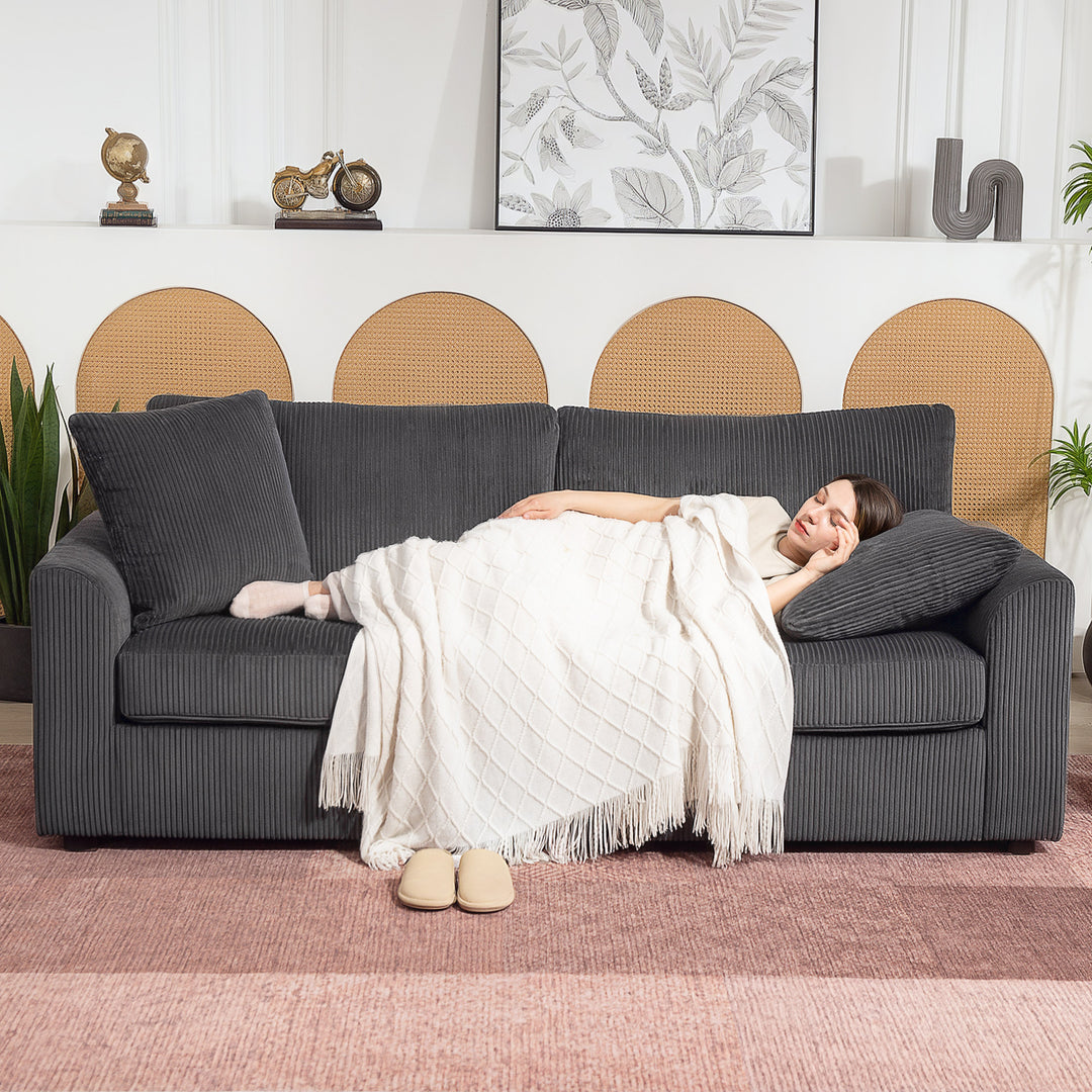 3-personers sofa med dekorative hynder, corduroy sofa til stue, soveværelse, 212 cm bred, mørkegrå