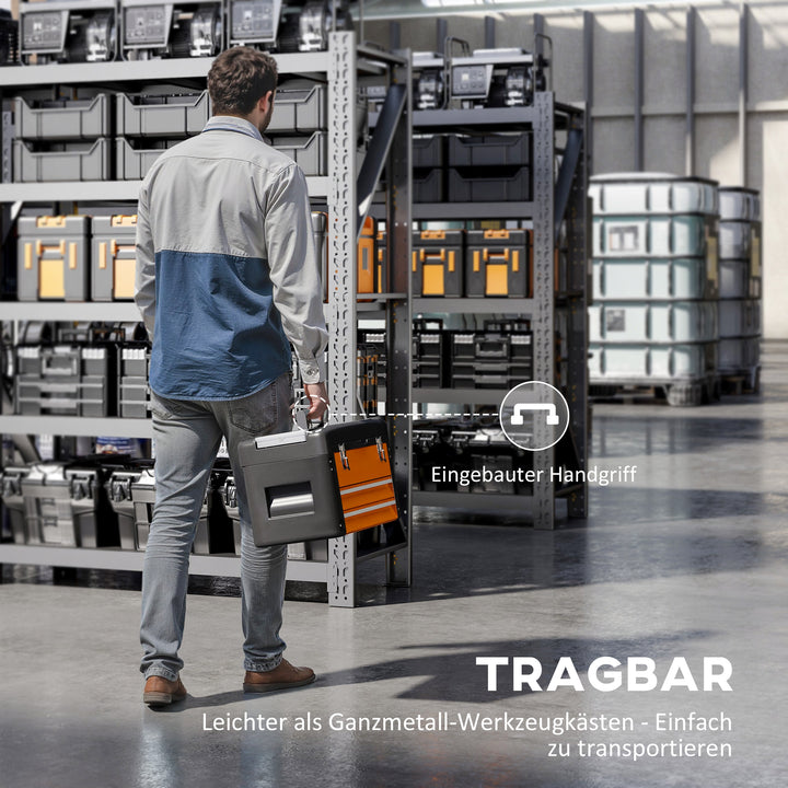 Tom værktøjskasse, 49,7 x 25,3 x 28,9 cm værktøjskasse med skuffe, minikasse stål orange