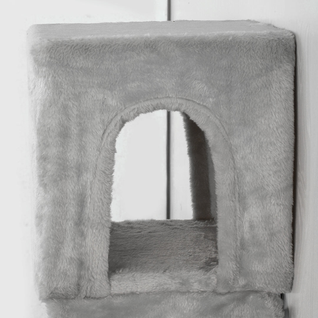 Klatrevæg til katte, 6-delt klatrevægsæt til katte med kattehus, hængekøje, platform og kradsebræt, grå