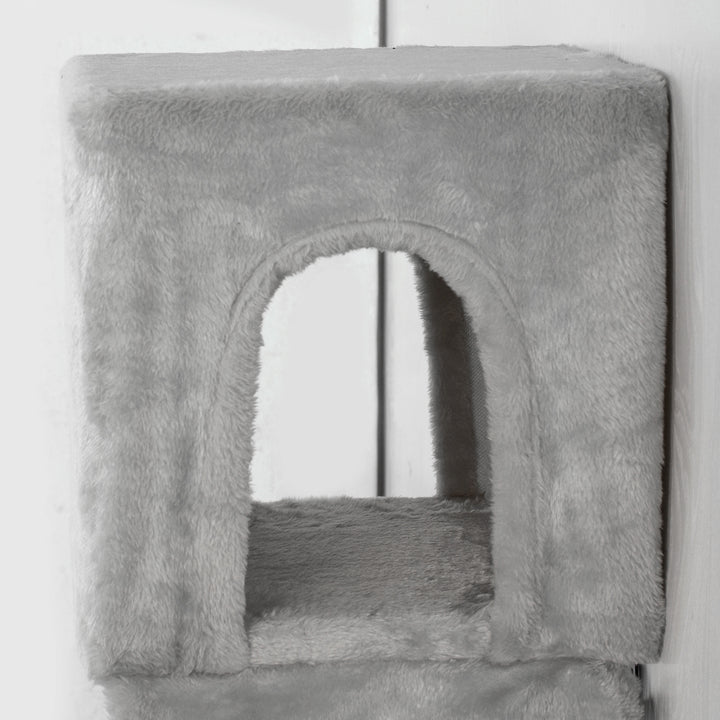 Klatrevæg til katte, 6-delt klatrevægsæt til katte med kattehus, hængekøje, platform og kradsebræt, grå