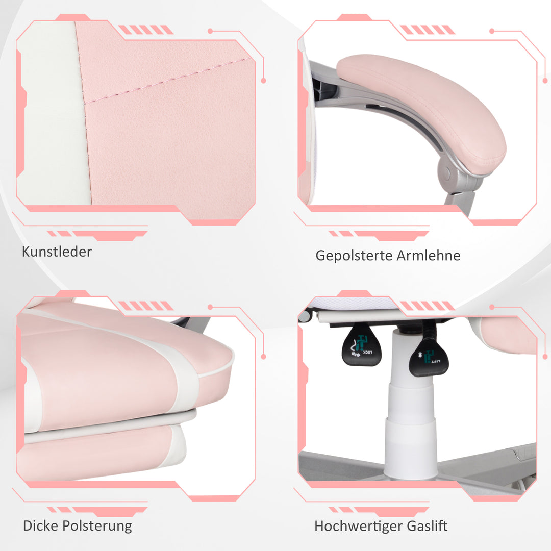 Gamingstol med fodstøtte, hoved- og lændehynde, drejelig, højdejusterbar, lyserød