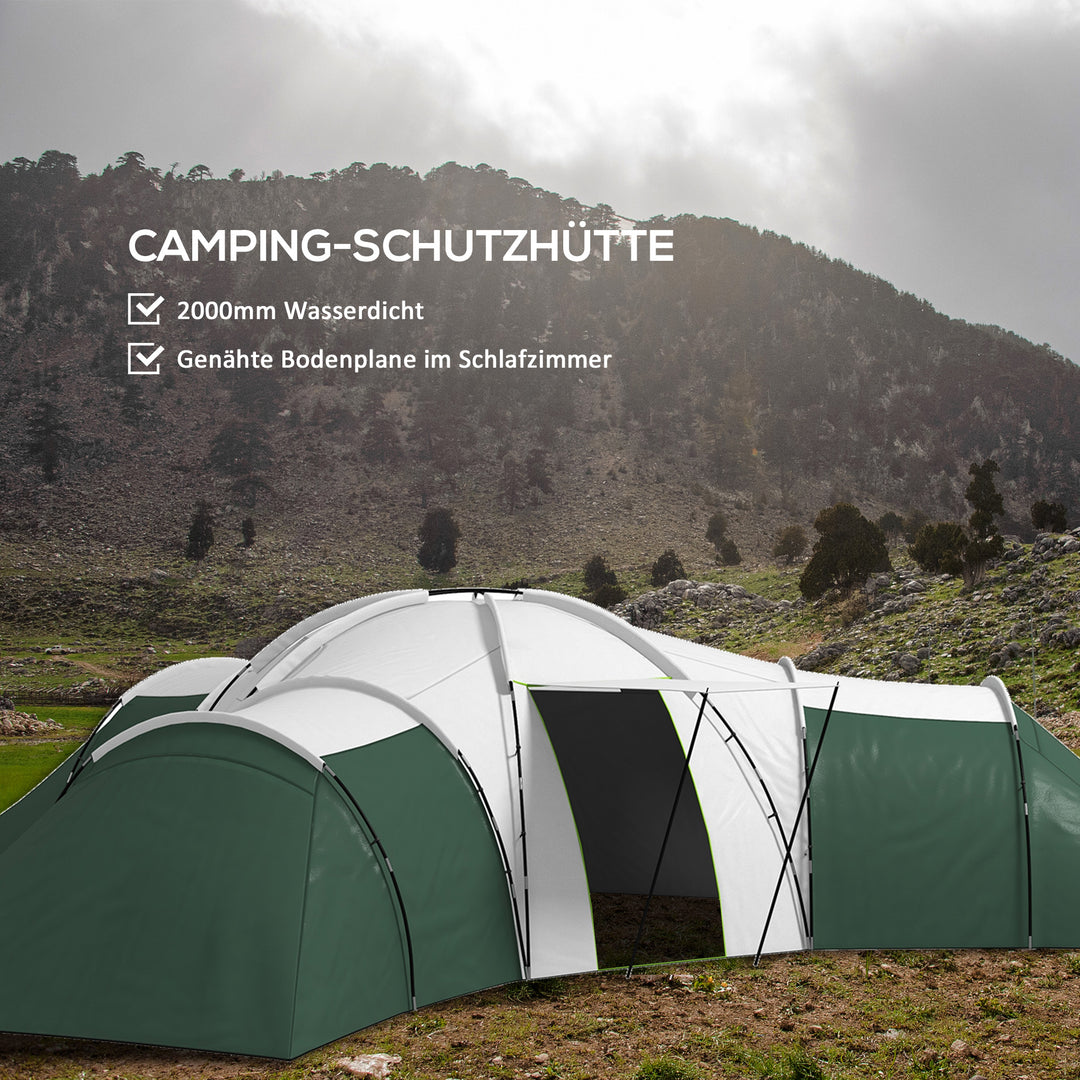 Campingtelt til 6-9 personer, 4 værelser, markise, vandtæt, 615 x 615 x 225 cm, grøn