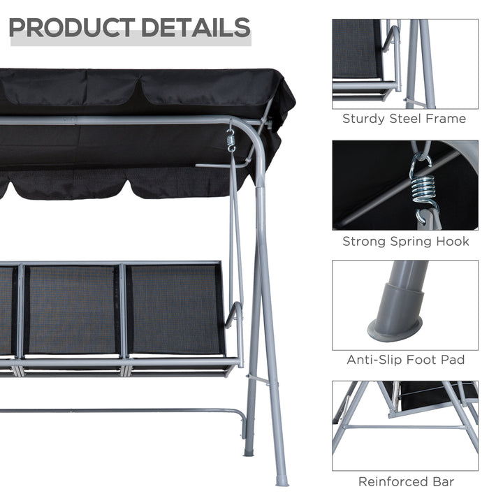 Hollywood-gynge med justerbar solskærm, 3-personers havegynge med skridsikre fødder, gyngebænks bæreevne op til 240 kg, haveliggestol til haven, terrasse, 171x108x154cm, sort