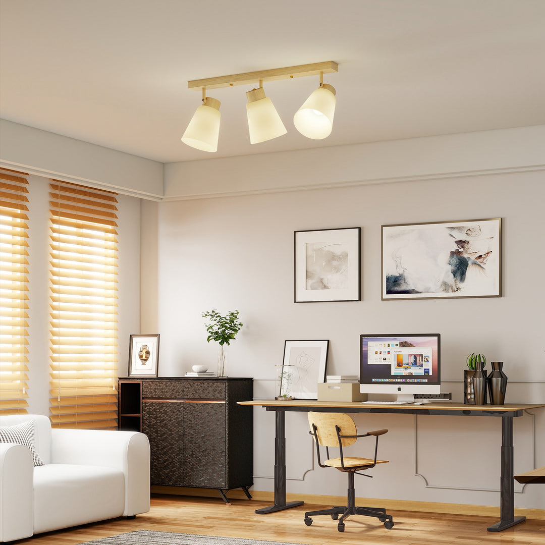 LED loftlampe 40W, loftlampe med dobbelt montering og 90° justerbare hoveder med 3 E27-fatninger, naturtræ