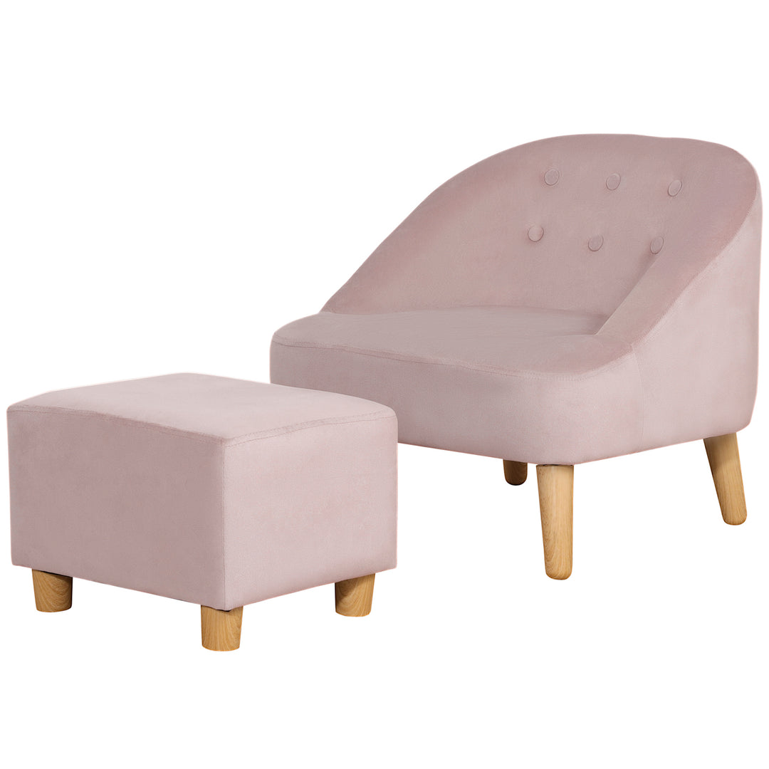 Børnelænestol med fodskammel til børn i alderen 3 til 5 år. Sødt design, fløjlslook. 51 cm x 51 cm x 50 cm. Lyserød.