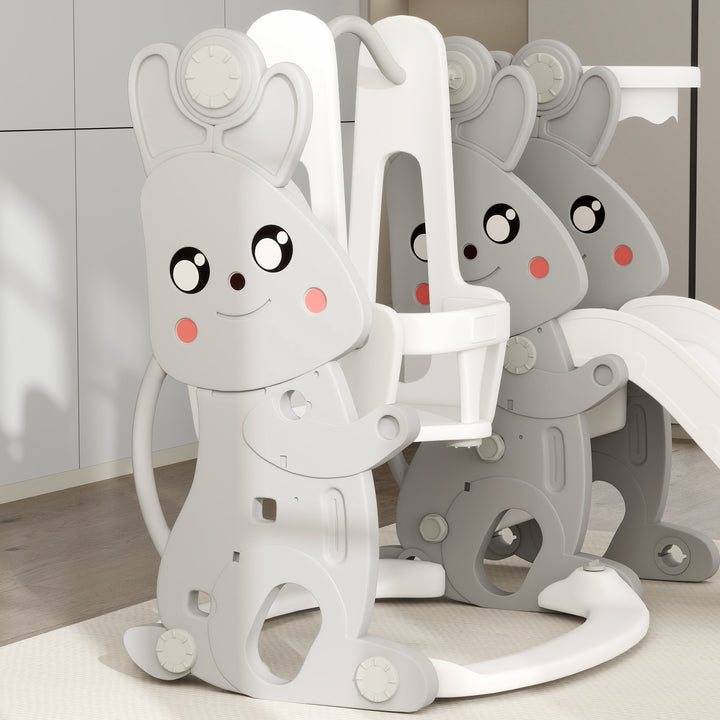 4-I-1 legesæt til småbørn med rutsjebane, gynge, klatrestativ, basketballkurv, plastik, kanindesign, grå