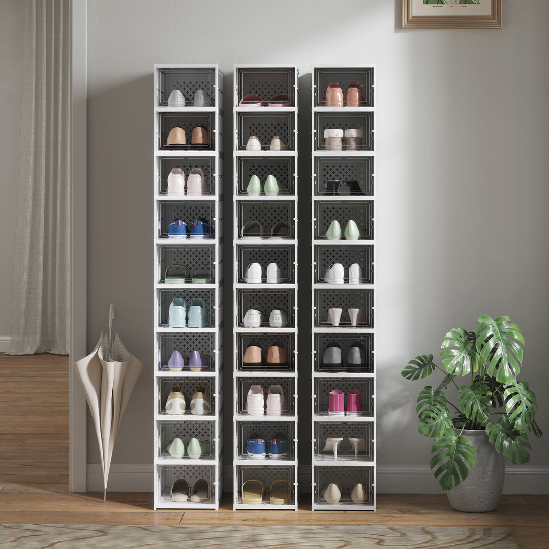 10-etagers skoreol, skoskab, foldbart, ventileret bagside, plast, hvid