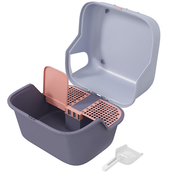 Kattebakke med låg og skovl, nem at rengøre, aflåselig, lilla