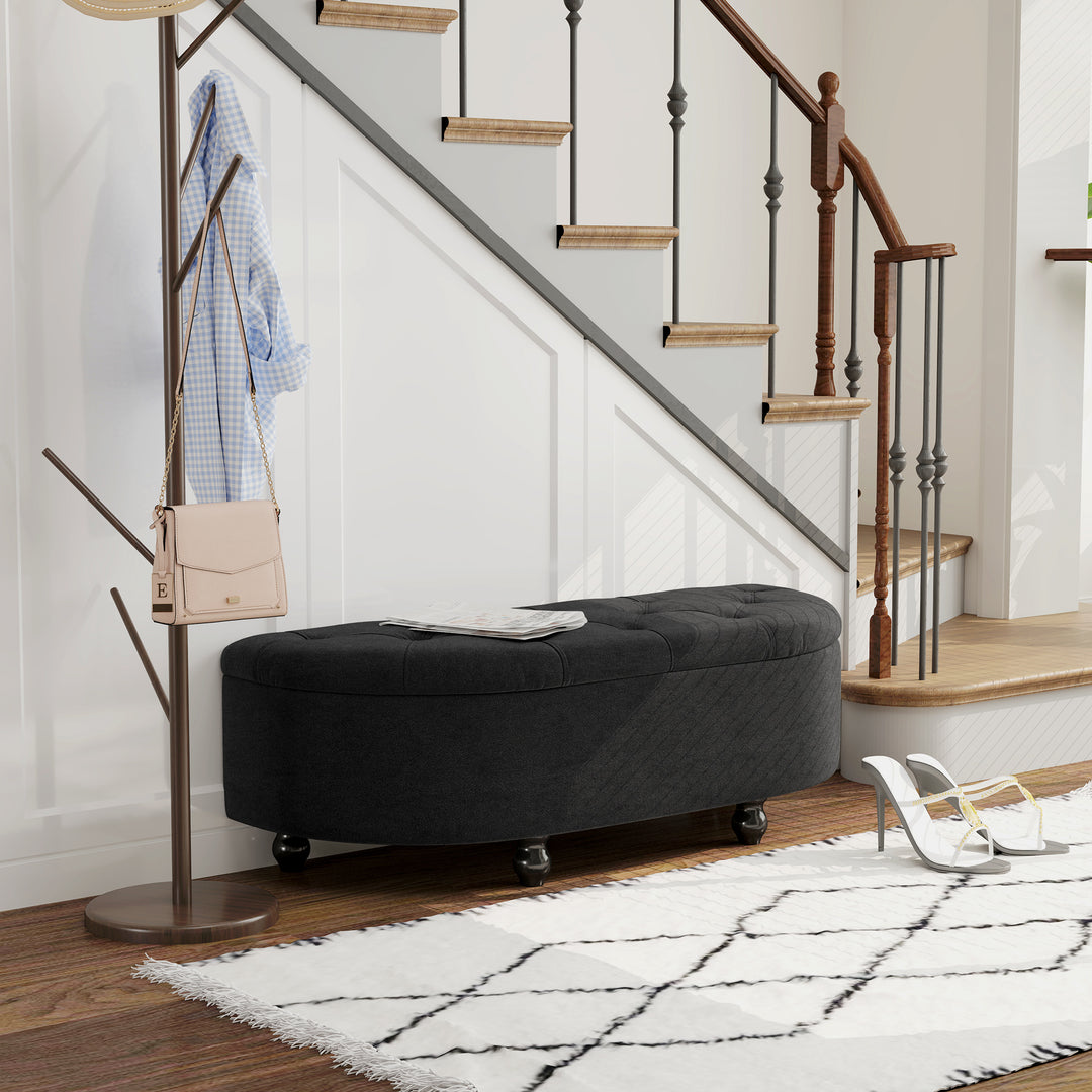 Skammel med opbevaringsplads, polstret sædekommode, soft-close låg, fløjlslook, 120 x 46 x 42 cm, mørkegrå