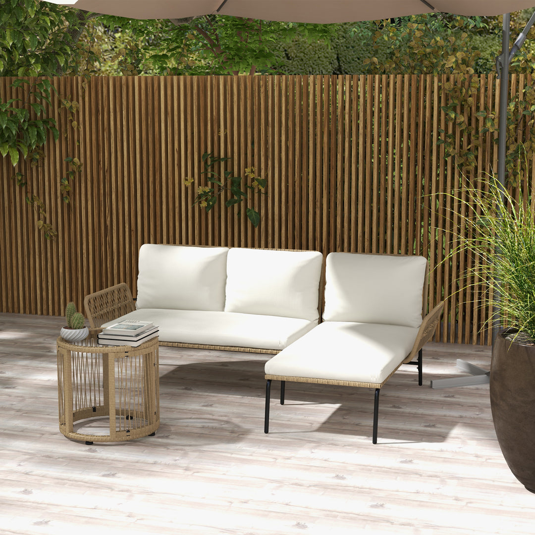 Polyrattan havemøbelsæt, 3 dele, med liggestol, to-personers sofa, aftageligt sofabord, hynder i naturhvid og cremehvid.