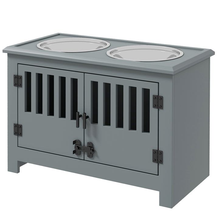 Forhøjet foderstation til store hunde, 2 rustfri stålskåle, opbevaringsplads, 35,5 x 60 x 30 cm, grå