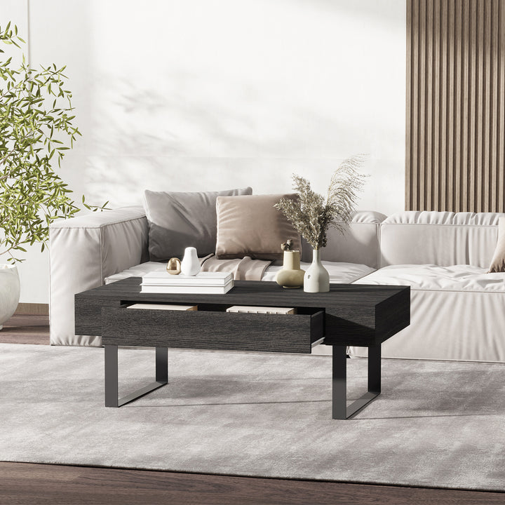 Sofabord stuebord med skuffe moderne sofabord med metalramme sidebord sofabord til stue 110 x 60 x 40 cm, mørkegrå