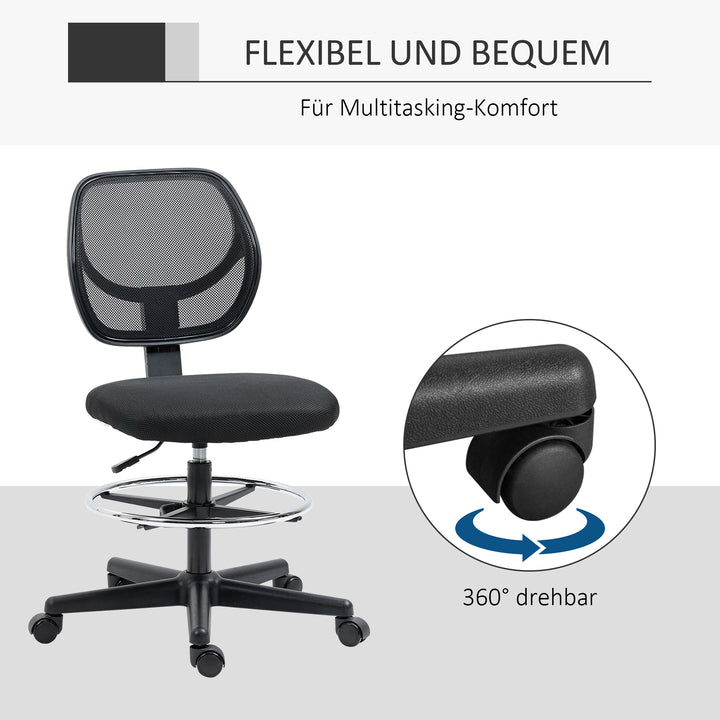 Tegnestol inklusive fodstøtte, højdejusterbar kontorstol, 59 cm x 61 cm x 113 cm, sort