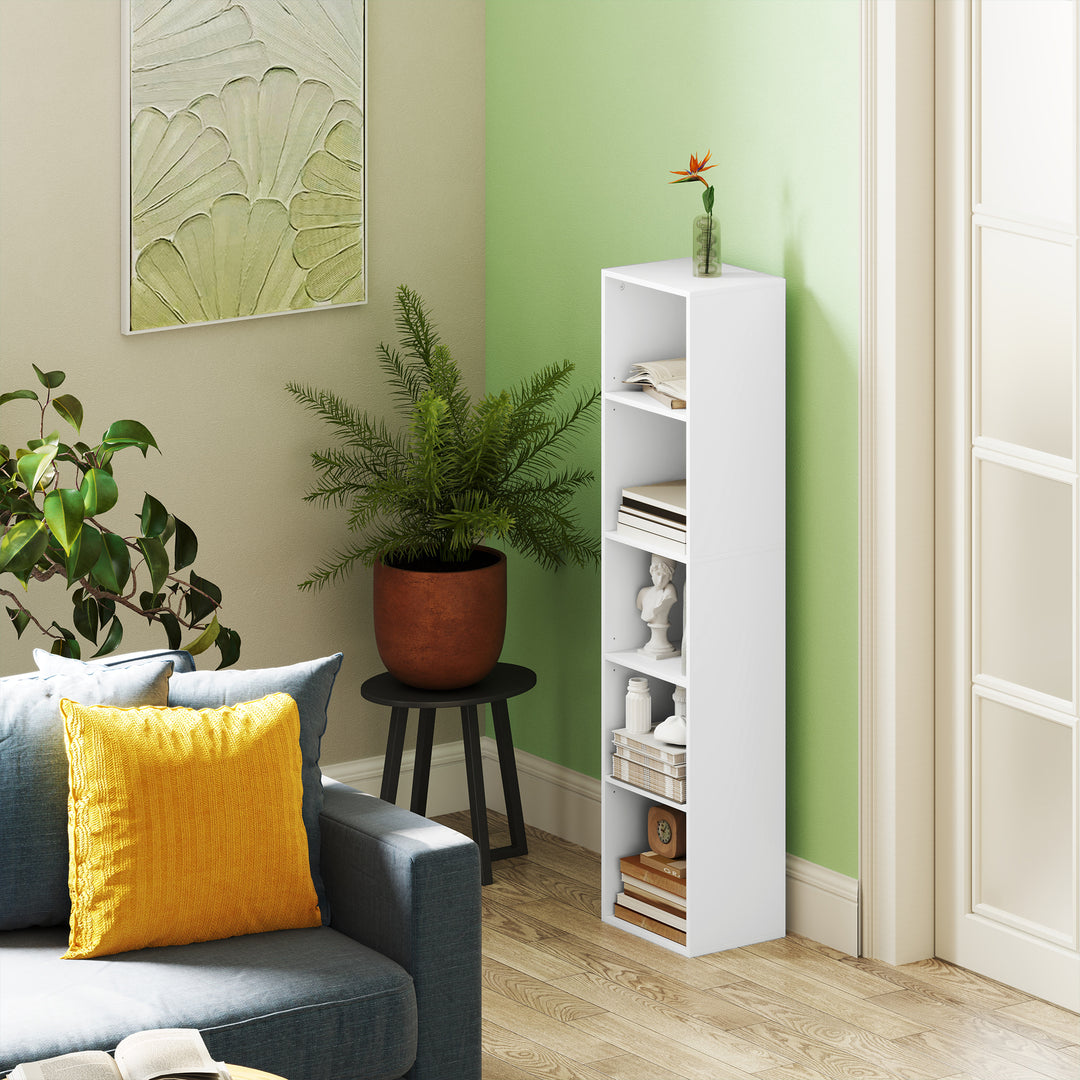 Bogreol, 5 rum, justerbare hylder, træ, 30 x 24 x 133,5 cm, hvid