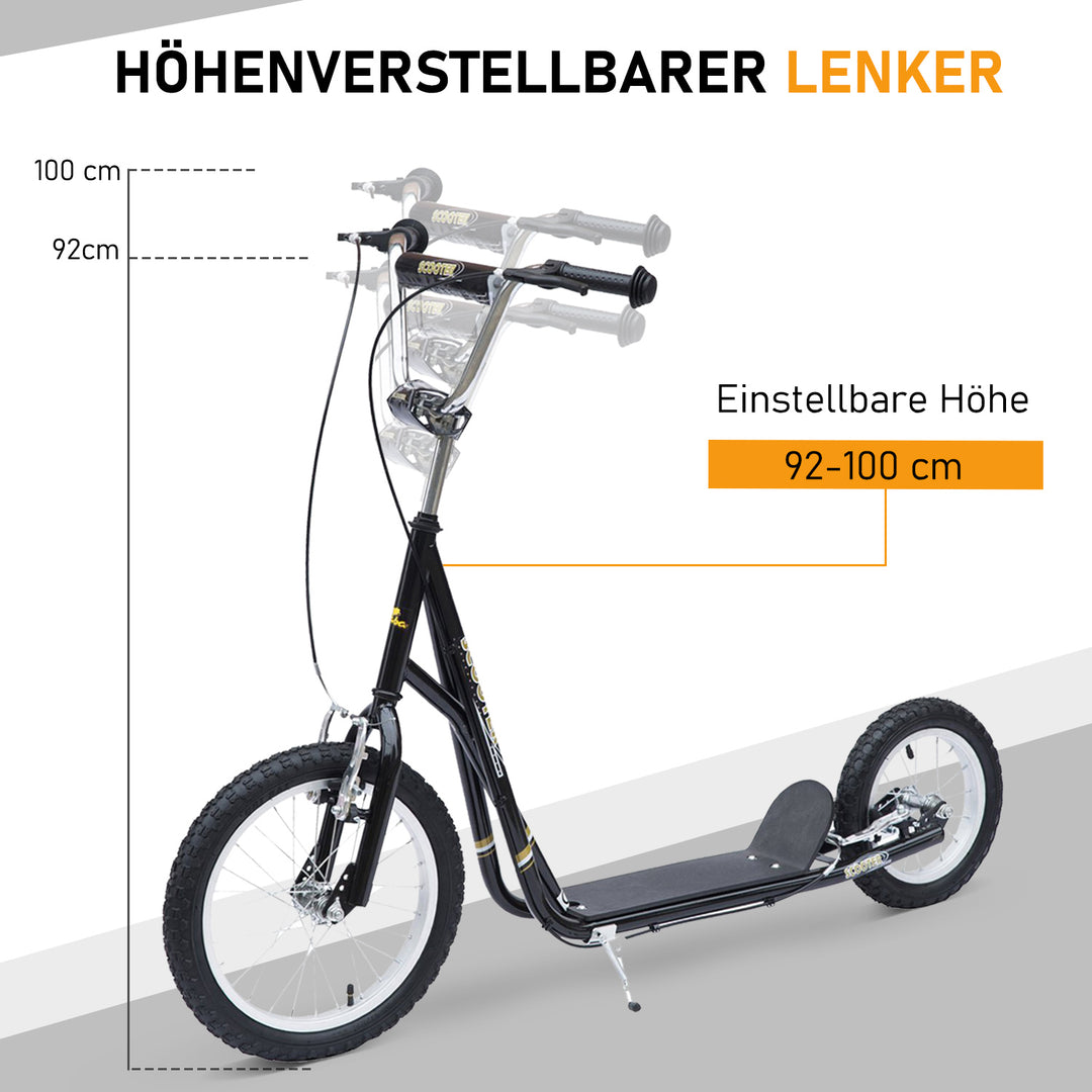 Børneløbehjul 16/12 tommer løbehjul kickscooter med bremser city scooter kickboard børneløbehjul til 5+ år børn sort 135 x 58 x 92-100 cm