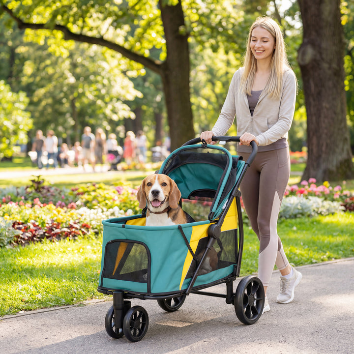 Sammenklappelig hundebåren/hundevogn til hunde op til 20 kg med hynde, netvinduer, baglomme, 92 x 63 x 95 cm, mørkegrøn