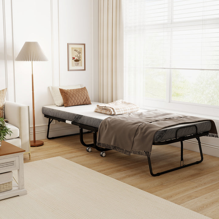 Gæsteseng sammenklappelig seng med hjul stål+skum hvid+sort 200 x 80 x 42,5 cm