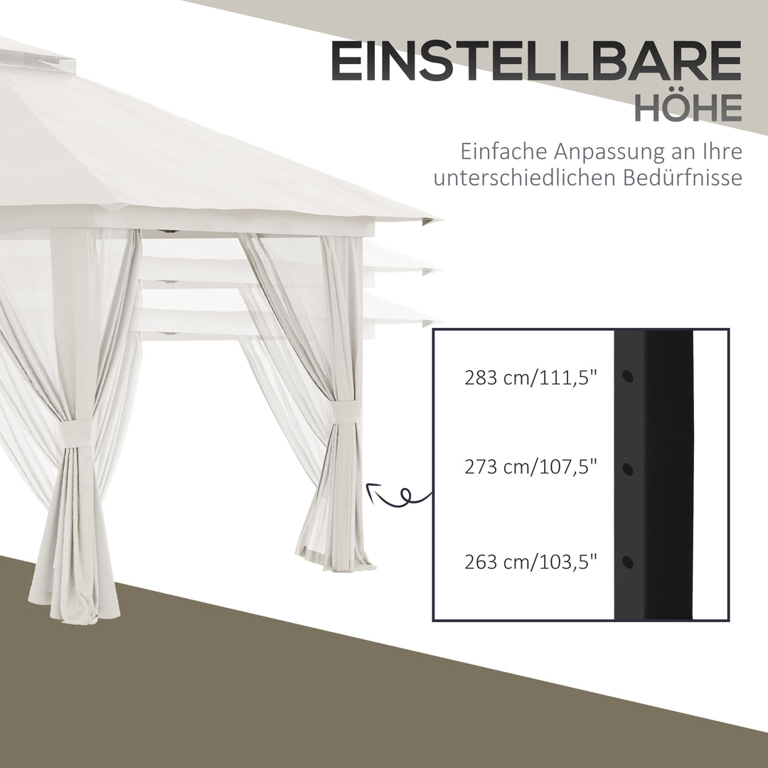 Foldbar pavillon, højdejusterbar, 4 netvægge, ventileret tag, bæretaske, hurtig montering, 4 x 4 x 3 m, cremehvid