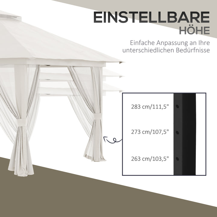 Foldbar pavillon, højdejusterbar, 4 netvægge, ventileret tag, bæretaske, hurtig montering, 4 x 4 x 3 m, cremehvid