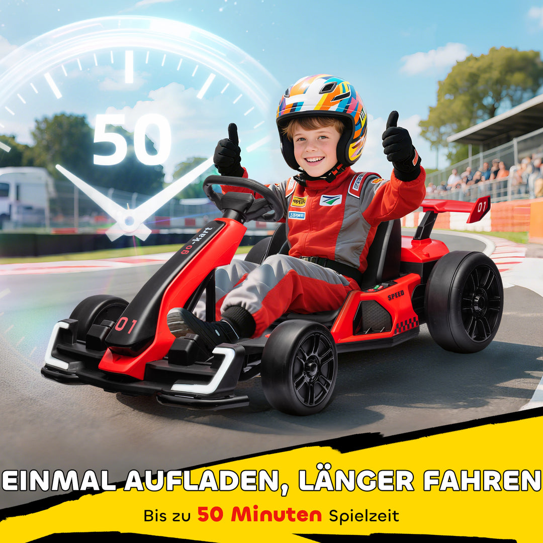 Gokart til børn, elektrisk kart med horn og musikfunktion, justerbart sæde, op til 12 km/t, plastik, metal, rød