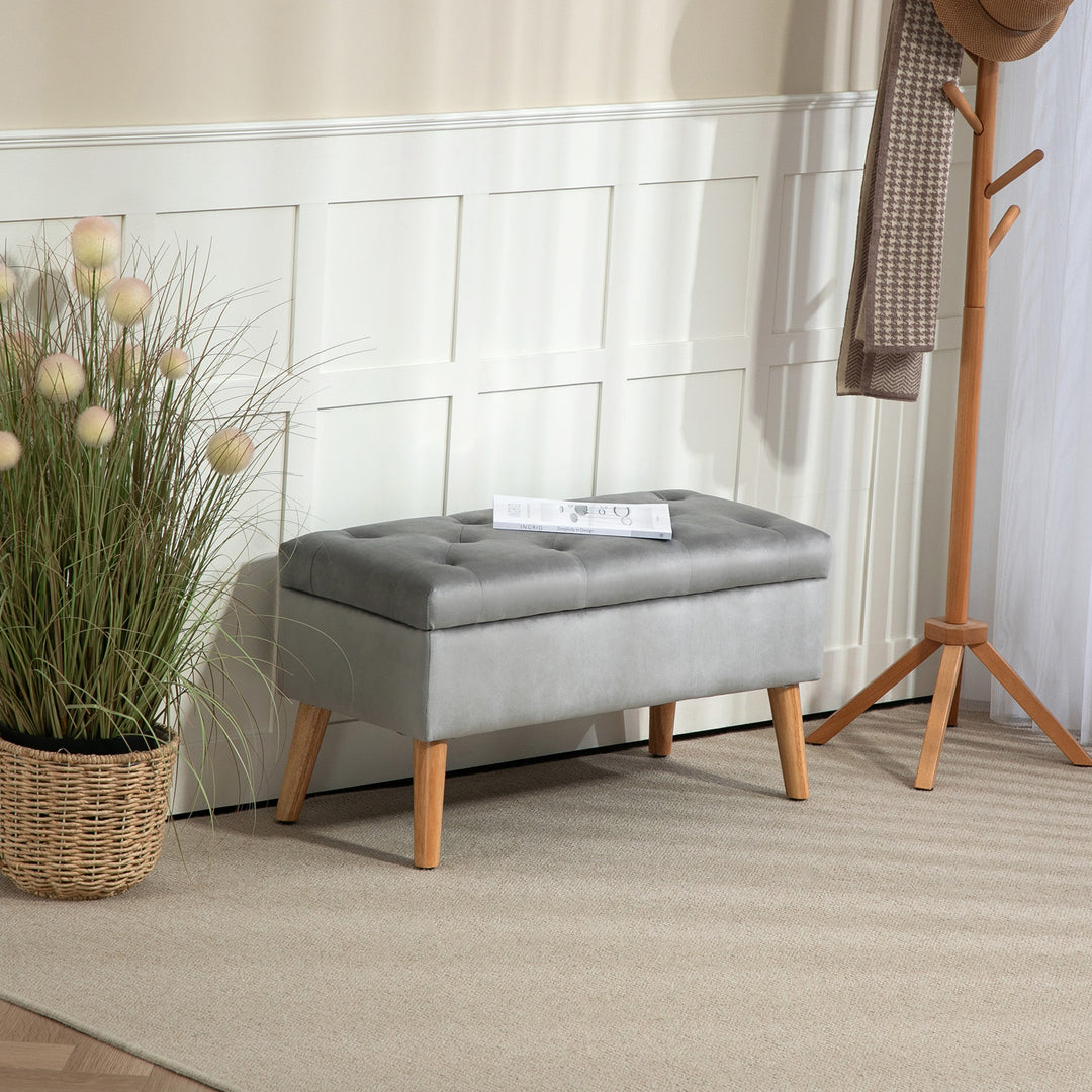 Polstret bænk med opbevaring, betræk af fløjlsstof, træben, til stue, soveværelse, entré, 80 x 35 x 40 cm, grå