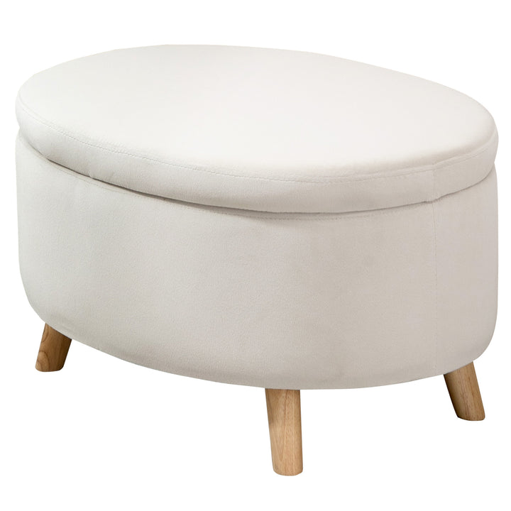 Bænk med opbevaringsplads, skammel, oval form, fløjlslook, op til 120 kg, 71 x 51,5 x 42 cm, beige