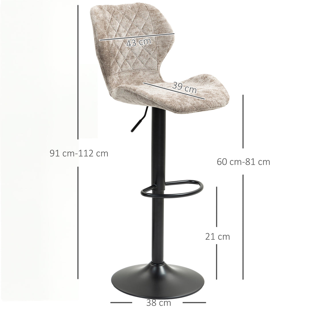 Barstole sæt med 2, højdejusterbare køkkenstole med ryglæn, gasløft, fodstøtte, drejefunktion, brun