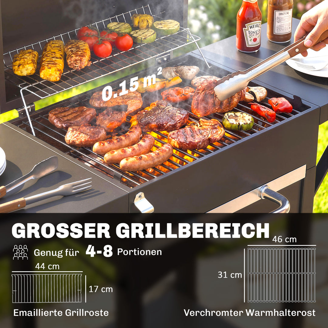 Kulgrill med låg, BBQ-røgergrill med 2 sideborde, stor grilloverflade, grillrist, termometer, hjul