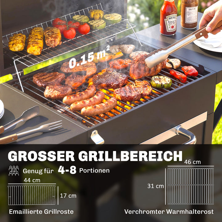 Kulgrill med låg, BBQ-røgergrill med 2 sideborde, stor grilloverflade, grillrist, termometer, hjul