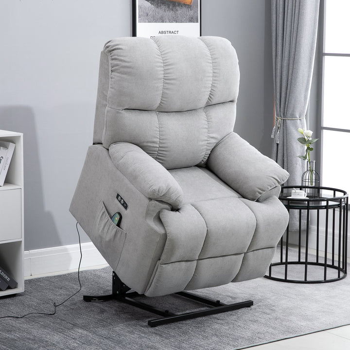 Lænestol med løftehjælp, massagestol, lænestol med USB-port, TV-stol med fjernbetjening, sidelomme, TV-lænestol med fløjlslook, grå